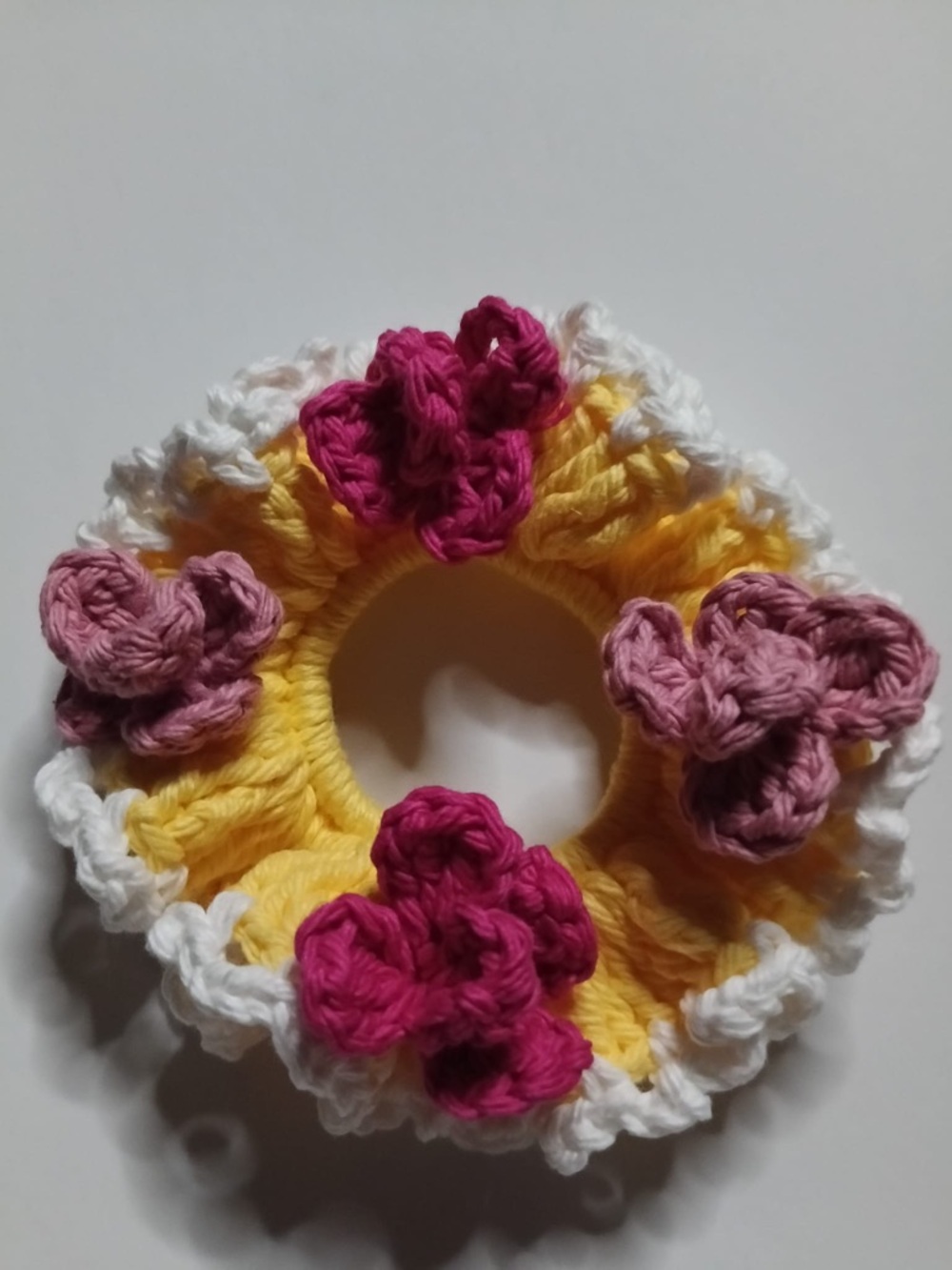 Handmade Yellow Crochet Flower Hair Scrunchie with Pink Accents